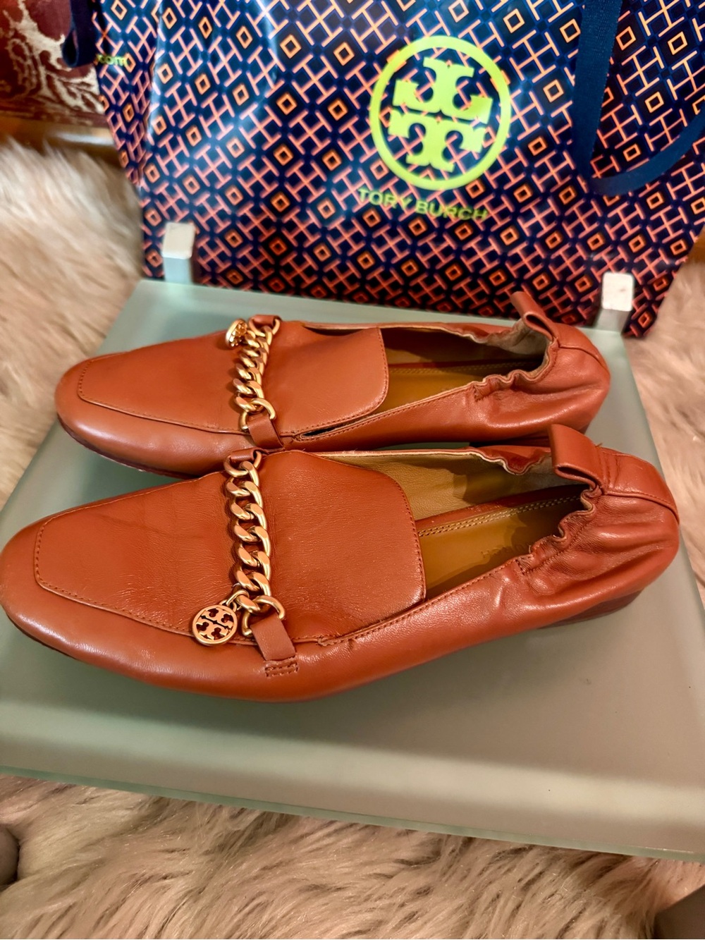 Tory Burch Women's Tan Leather Chain-Accent Loafers - Picture 6 of 7